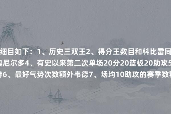 细目如下：1、历史三双王2、得分王数目和科比雷同多3、单场50+次数比奥尼尔多4、有史以来第二次单场20分20篮板20助攻5、活命总得分额外加内特6、最好气势次数额外韦德7、场均10助攻的赛季数额外基德8、季后赛胜场数额外巴克利9、季后赛总得分额外雷吉-米勒10、场均10+篮板的赛季额外姚明    体育赛事直播