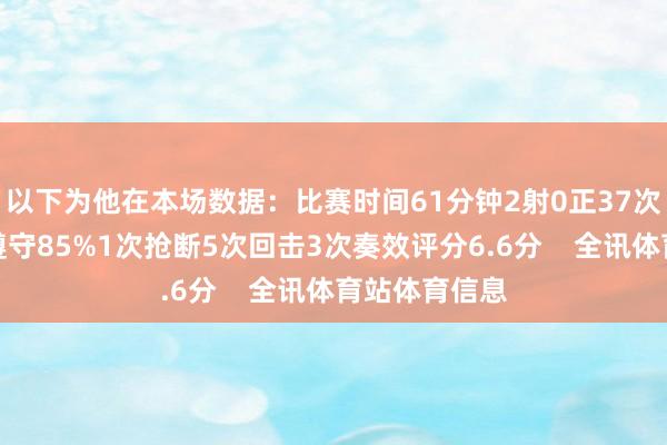 以下为他在本场数据：比赛时间61分钟2射0正37次触球传球奏遵守85%1次抢断5次回击3次奏效评分6.6分    全讯体育站体育信息