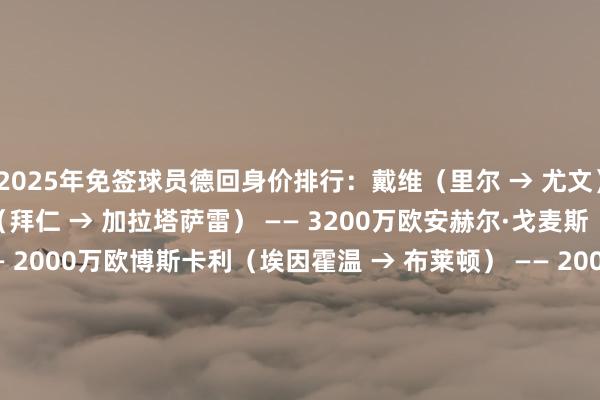 2025年免签球员德回身价排行：戴维（里尔 → 尤文） —— 4500万欧萨内（拜仁 → 加拉塔萨雷） —— 3200万欧安赫尔·戈麦斯（里尔 → 马赛） —— 2000万欧博斯卡利（埃因霍温 → 布莱顿） —— 2000万欧德布劳内（曼城 → 那不勒斯） —— 2000万欧米特洛维奇（利雅得眉月 → 赖扬） —— 1800万欧勒温（埃弗顿 → 利兹联） —— 1600万欧伊根·莱利（西汉姆 → 马赛） —— 1600万欧奇尔维尔（切尔西 → 斯特拉斯堡） —— 1500万欧奥塔维奥（利雅得凯旋→ 库迪西亚） —— 1500万欧    体育赛事直播